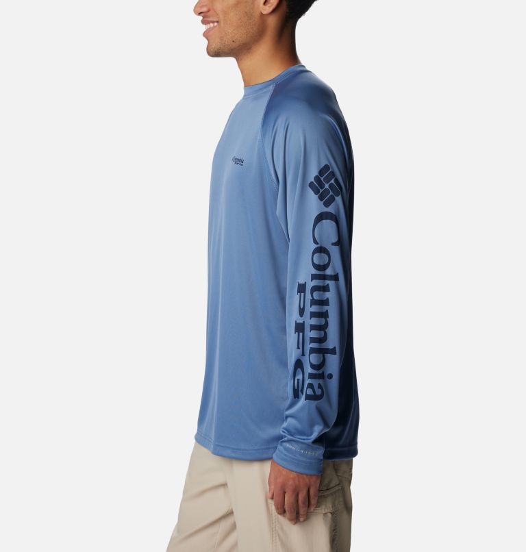 Men’s PFG Terminal Tackle Long Sleeve Shirt, Color: Bluestone, Collegiate Navy Logo, image 3