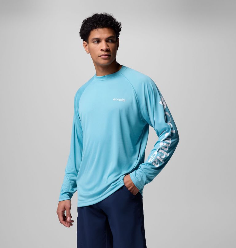 Men's PFG Terminal Tackle Long Sleeve Shirt, Color: Vintage Blue, White Logo, image 4