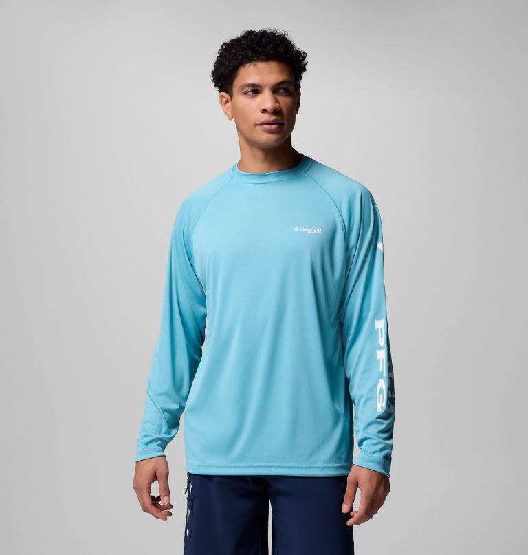 Men's PFG Terminal Tackle Long Sleeve Shirt, Color: Vintage Blue, White Logo, image 1