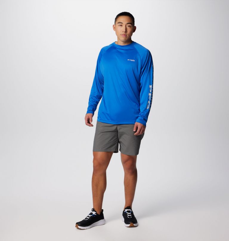 Men's PFG Terminal Tackle Long Sleeve Shirt, Color: Vivid Blue, Cool Grey Logo, image 3