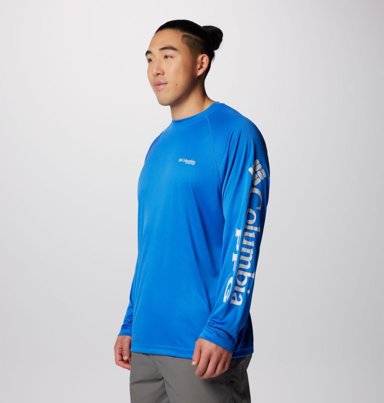 Men's PFG Terminal Tackle Long Sleeve Shirt, Color: Vivid Blue, Cool Grey Logo, image 4