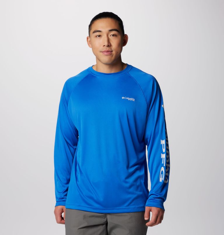 Men's PFG Terminal Tackle Long Sleeve Shirt, Color: Vivid Blue, Cool Grey Logo, image 1