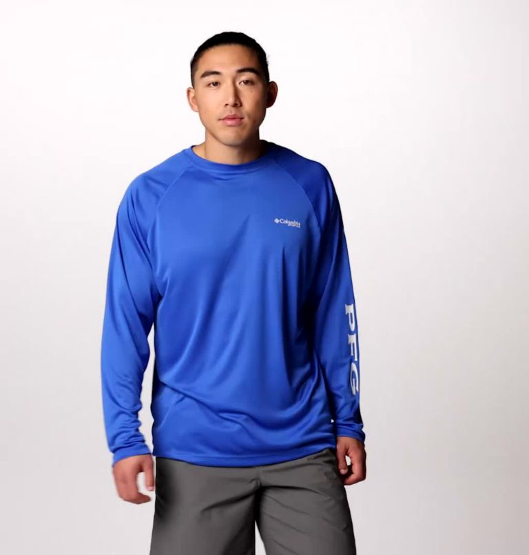 Men's PFG Terminal Tackle Long Sleeve Shirt, Color: Vivid Blue, Cool Grey Logo