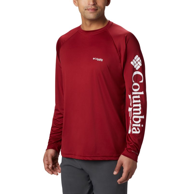 Men's PFG Terminal Tackle Long Sleeve Shirt, Color: Beet, White Logo, image 1