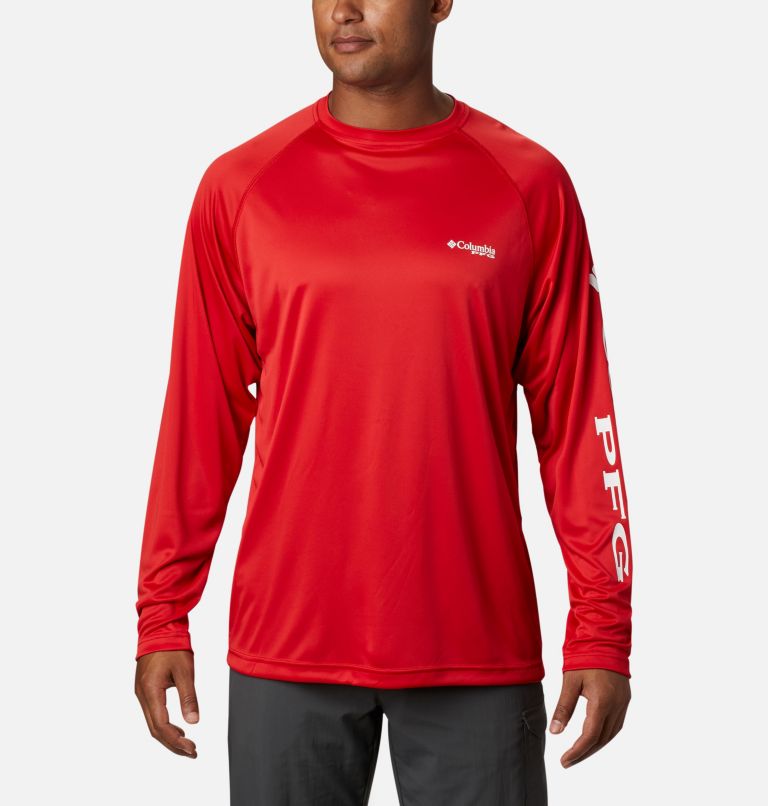 Men’s PFG Terminal Tackle Long Sleeve Shirt, Color: Red Spark, White Logo, image 1