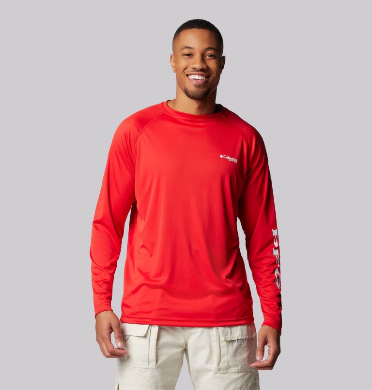Men's PFG Terminal Tackle Long Sleeve Shirt, Color: Red Spark, White Logo, image 1