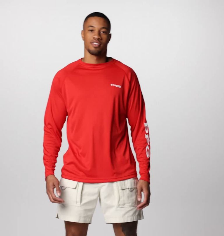 Men's PFG Terminal Tackle Long Sleeve Shirt, Color: Red Spark, White Logo