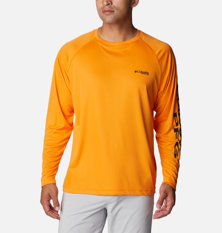 Thumbnail: Men’s PFG Terminal Tackle Long Sleeve Shirt, Color: Orange Blast, Black Logo, image 1