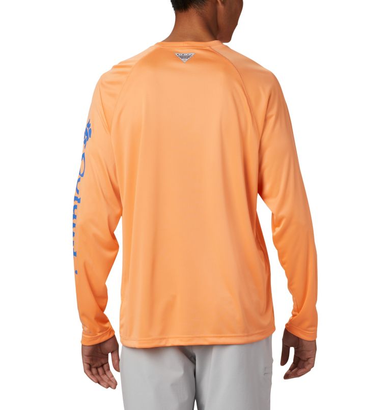 Men’s PFG Terminal Tackle Long Sleeve Shirt, Color: Bright Nectar, Vivid Blue Logo, image 2