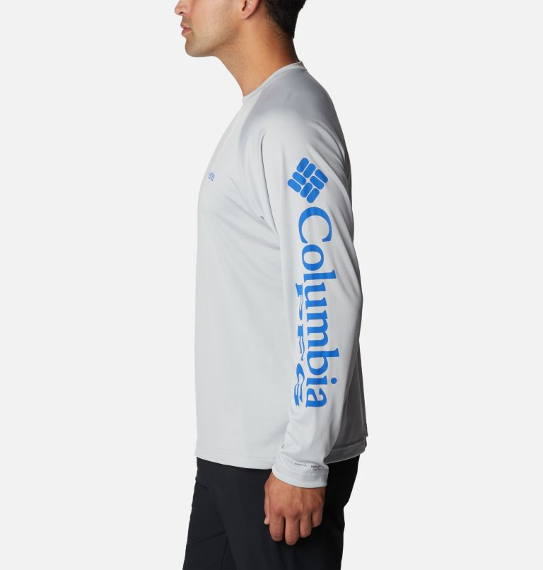 Men's PFG Terminal Tackle Long Sleeve Shirt - Tall, Color: Cool Grey, Vivid Blue Logo, image 3