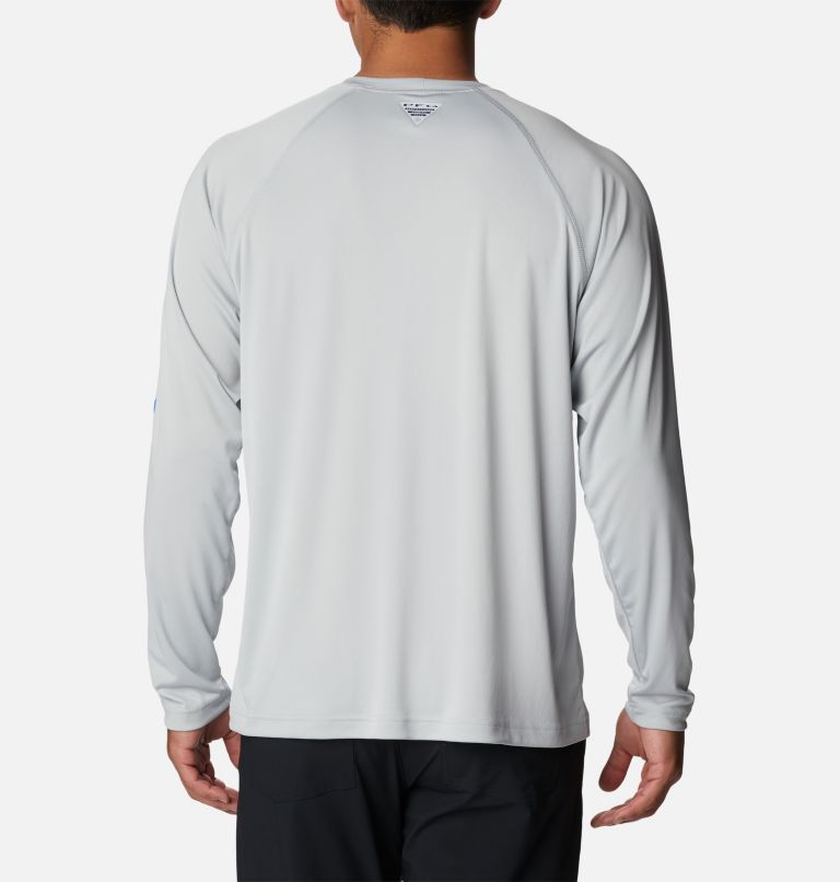 Men's PFG Terminal Tackle Long Sleeve Shirt - Tall, Color: Cool Grey, Vivid Blue Logo, image 2