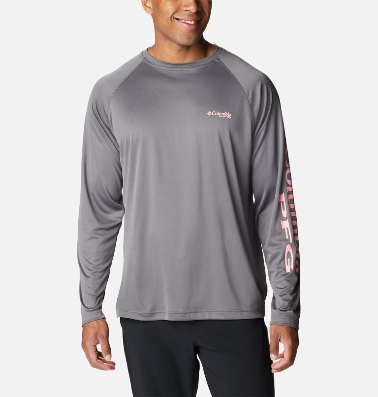 Men's PFG Terminal Tackle Long Sleeve Shirt - Tall, Color: City Grey, Pink Pop Logo, image 1