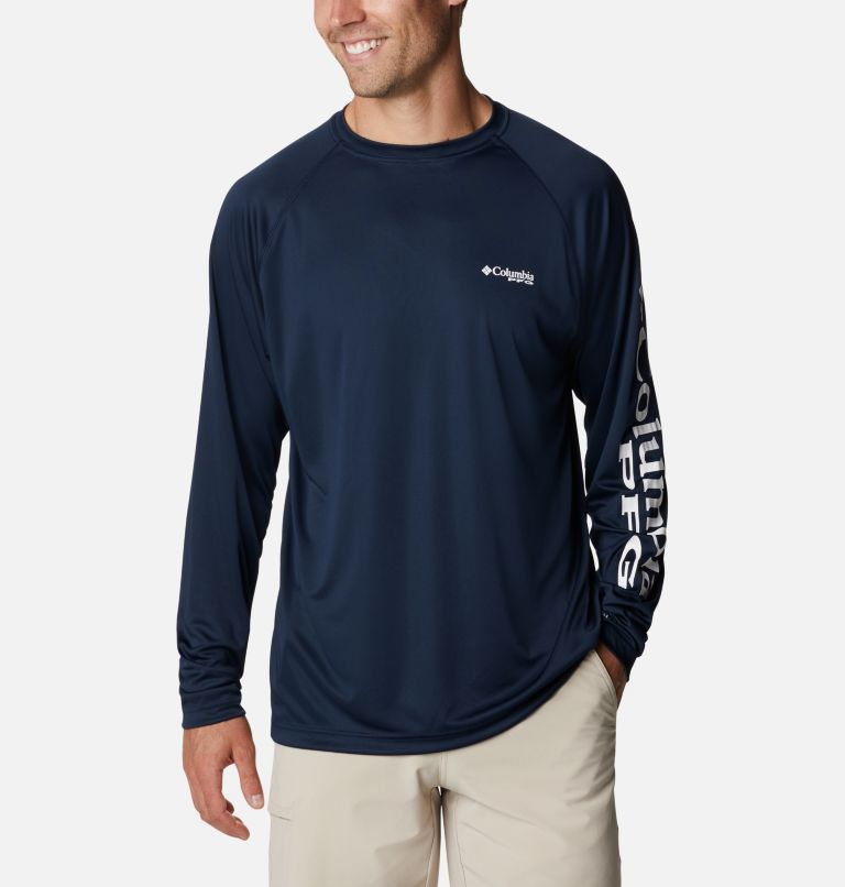 Thumbnail: Men's PFG Terminal Tackle Long Sleeve Shirt - Tall, Color: Collegiate Navy, White Logo, image 1