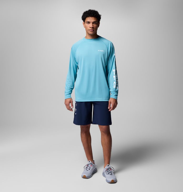 Men's PFG Terminal Tackle Long Sleeve Shirt - Tall, Color: Vintage Blue, White Logo, image 8