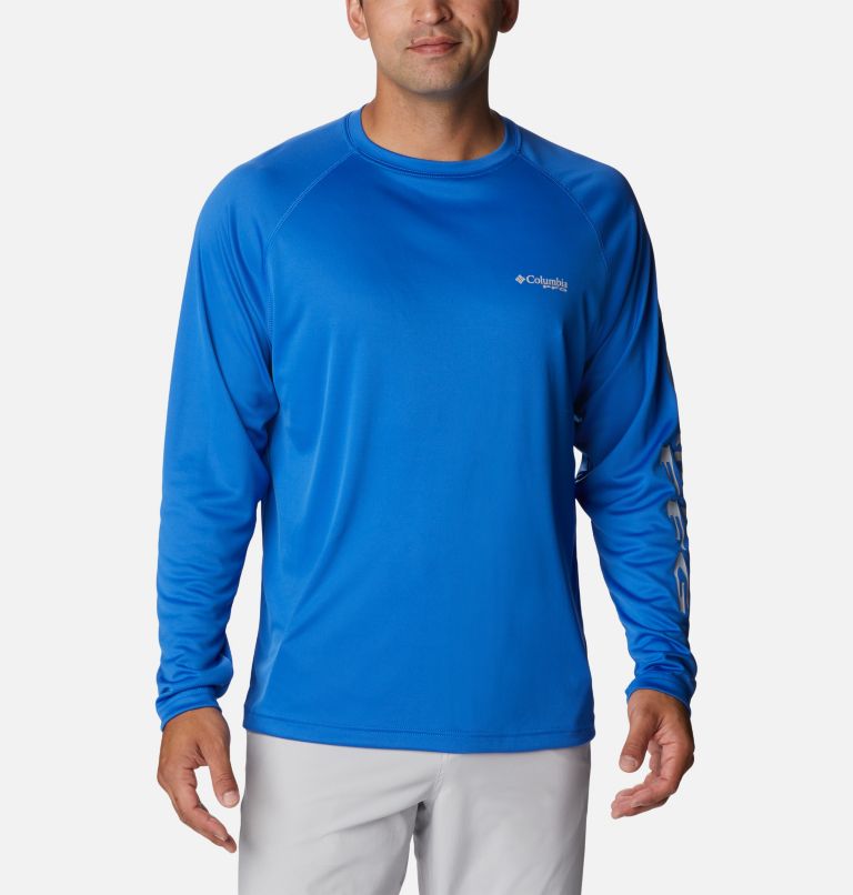 Thumbnail: Men's PFG Terminal Tackle Long Sleeve Shirt - Tall, Color: Vivid Blue, Cool Grey Logo, image 1