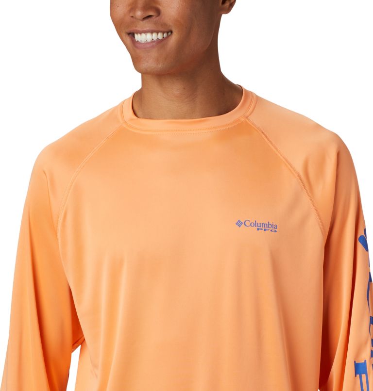 Thumbnail: Men's PFG Terminal Tackle Long Sleeve Shirt - Tall, Color: Bright Nectar, Vivid Blue Logo, image 4
