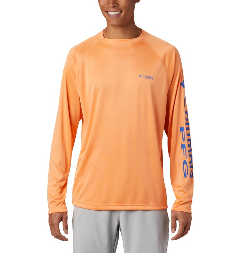 Men's PFG Terminal Tackle Long Sleeve Shirt - Tall, Color: Bright Nectar, Vivid Blue Logo, image 1