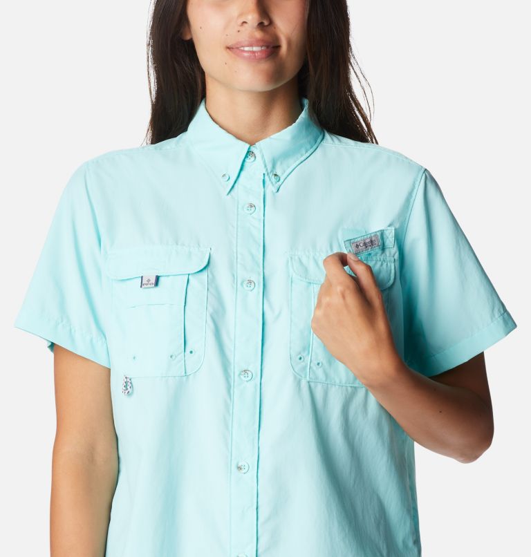 Women’s PFG Bahama Short Sleeve Shirt, Color: Gulf Stream, image 4