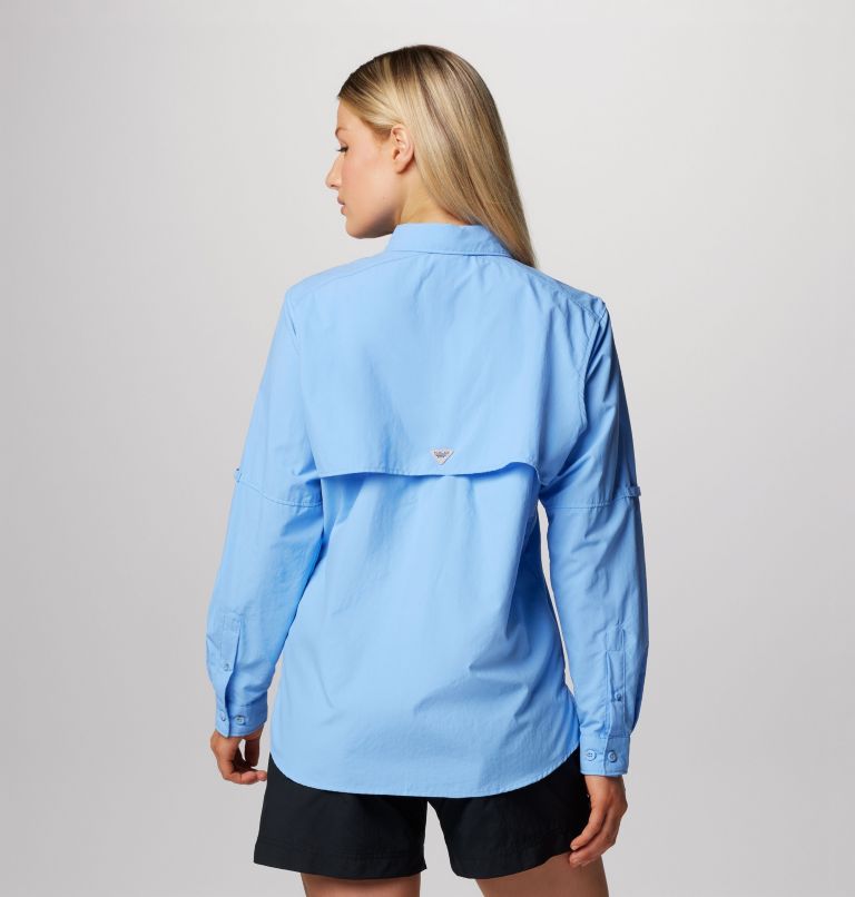 Columbia Womens PFG Bahama Long Sleeve Shirt Omni Shade Blue Snap Front  Shirt L