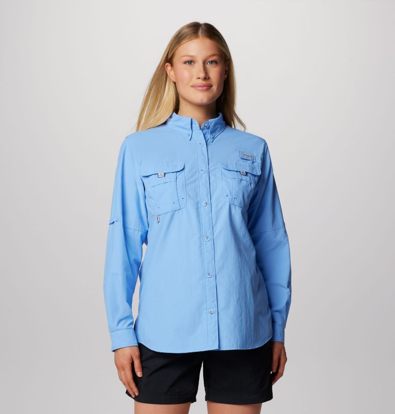 Columbia Womens PFG Bahama Long Sleeve Shirt Omni Shade Blue Snap Front  Shirt L