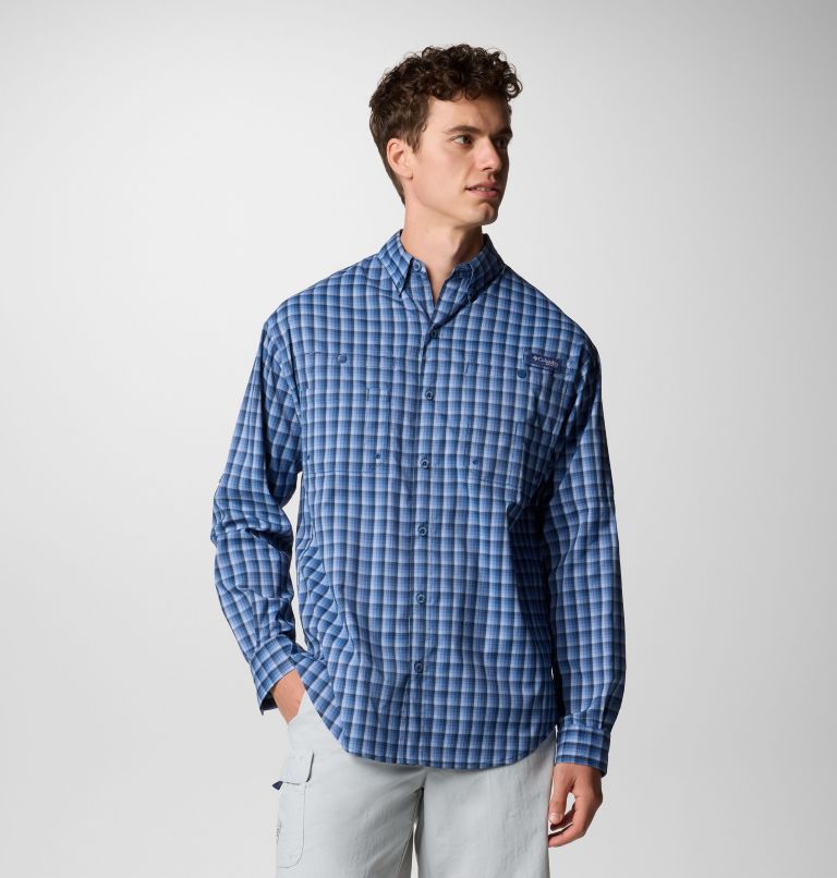 Men’s PFG Super Tamiami Long Sleeve Shirt, Color: Collegiate Navy Gradient Check, image 1