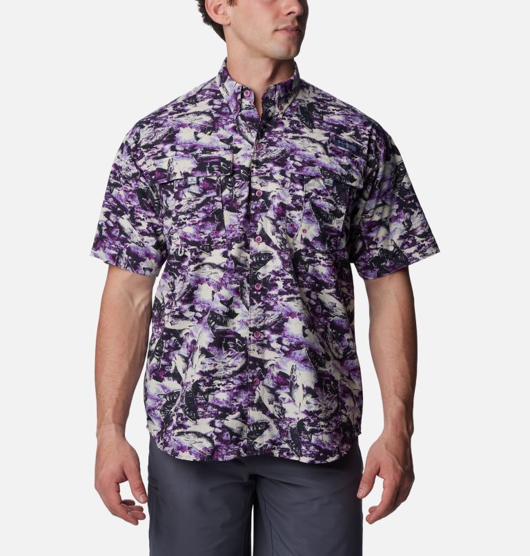 Columbia Fishing Shirt Mens UMHB Button Down Short Sleeve Pockets Vent Purple  XL