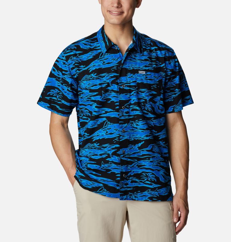 Thumbnail: Men’s PFG Trollers Best Short Sleeve Shirt, Color: Black Rough Waves Print, image 1
