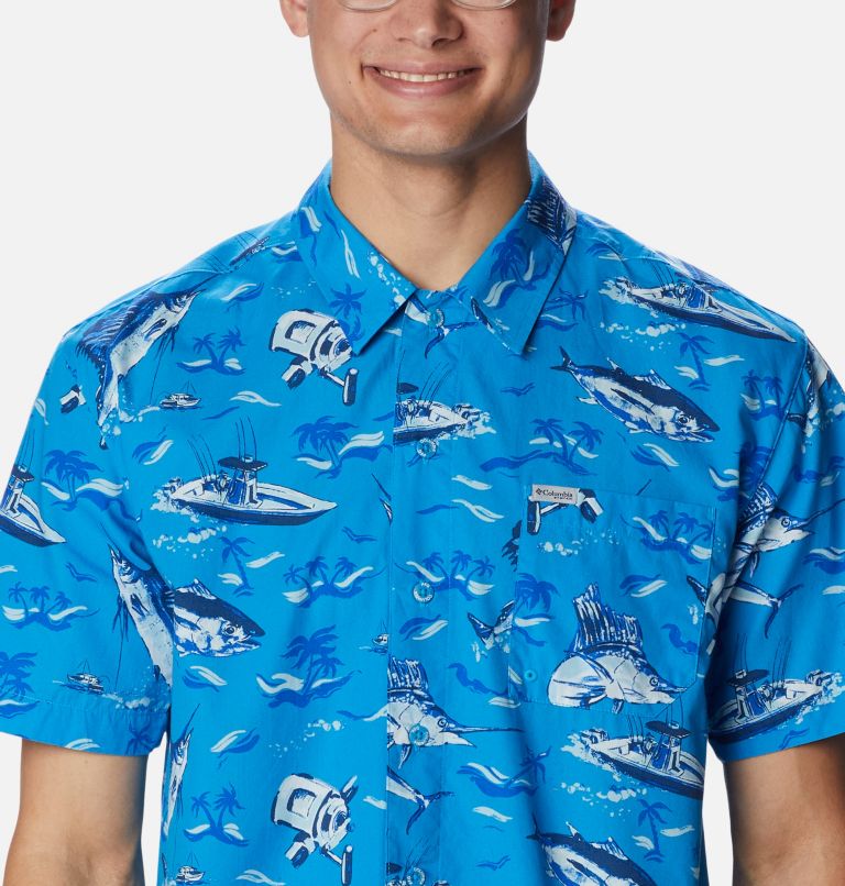 Men’s PFG Trollers Best Short Sleeve Shirt, Color: Blue Macaw Reel Dreamz Print, image 4