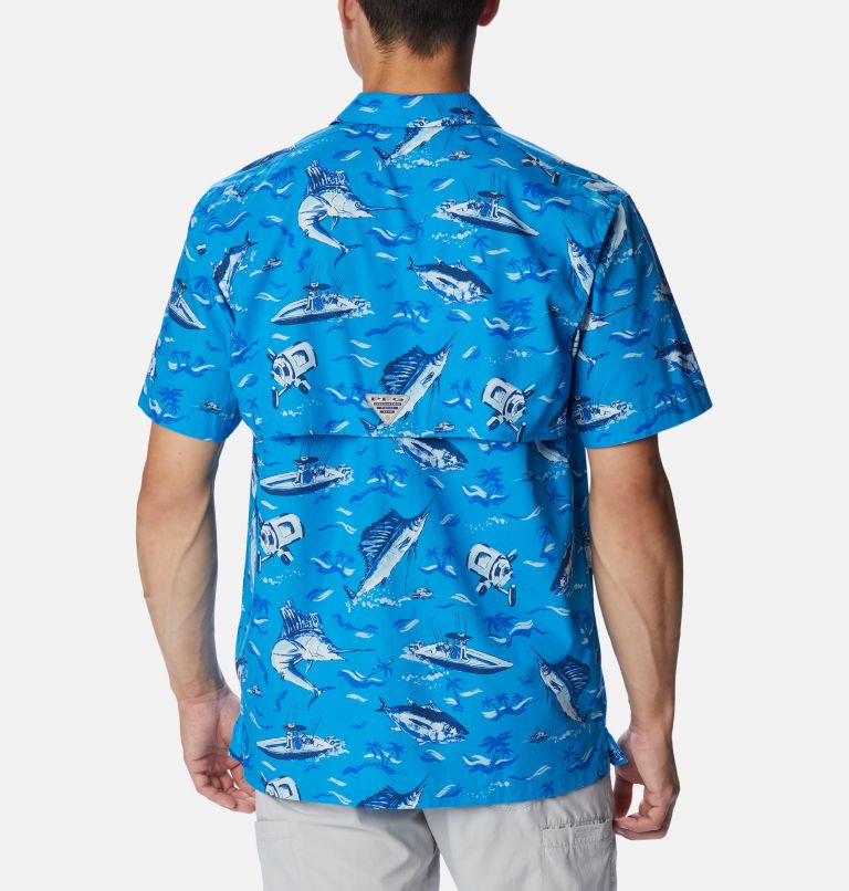 Men’s PFG Trollers Best Short Sleeve Shirt, Color: Blue Macaw Reel Dreamz Print, image 2