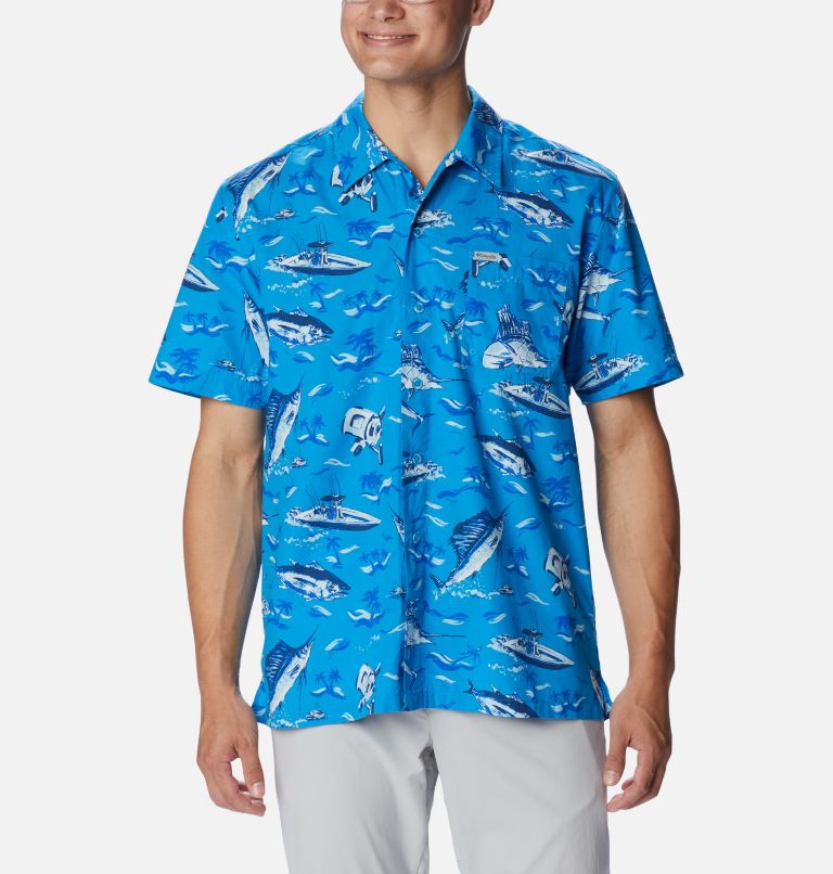 Men’s PFG Trollers Best Short Sleeve Shirt, Color: Blue Macaw Reel Dreamz Print, image 1