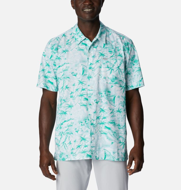 Men’s PFG Trollers Best Short Sleeve Shirt, Color: Spring Blue Seaday, image 1