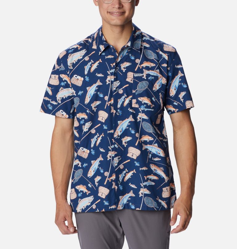 Men’s PFG Trollers Best Short Sleeve Shirt, Color: Carbon Midwest Bounty Print, image 1