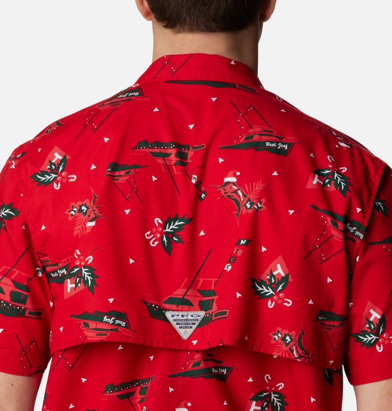 Thumbnail: Men’s PFG Trollers Best Short Sleeve Shirt, Color: Red Spark Reel Joy Print, image 5