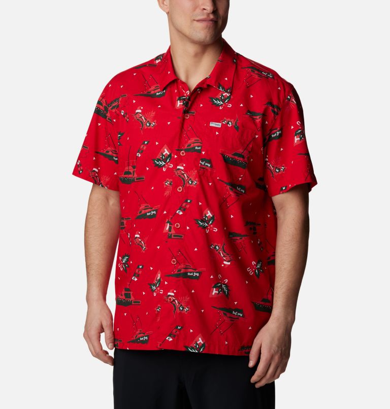 Men’s PFG Trollers Best Short Sleeve Shirt, Color: Red Spark Reel Joy Print, image 1