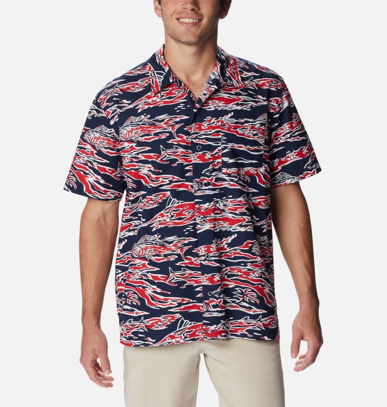 Thumbnail: Men’s PFG Trollers Best Short Sleeve Shirt, Color: Red Spark Rough Waves Print, image 1