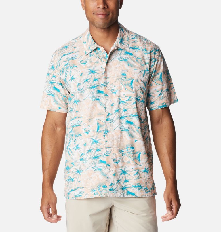 Thumbnail: Men’s PFG Trollers Best Short Sleeve Shirt, Color: Light Coral Seaday, image 1