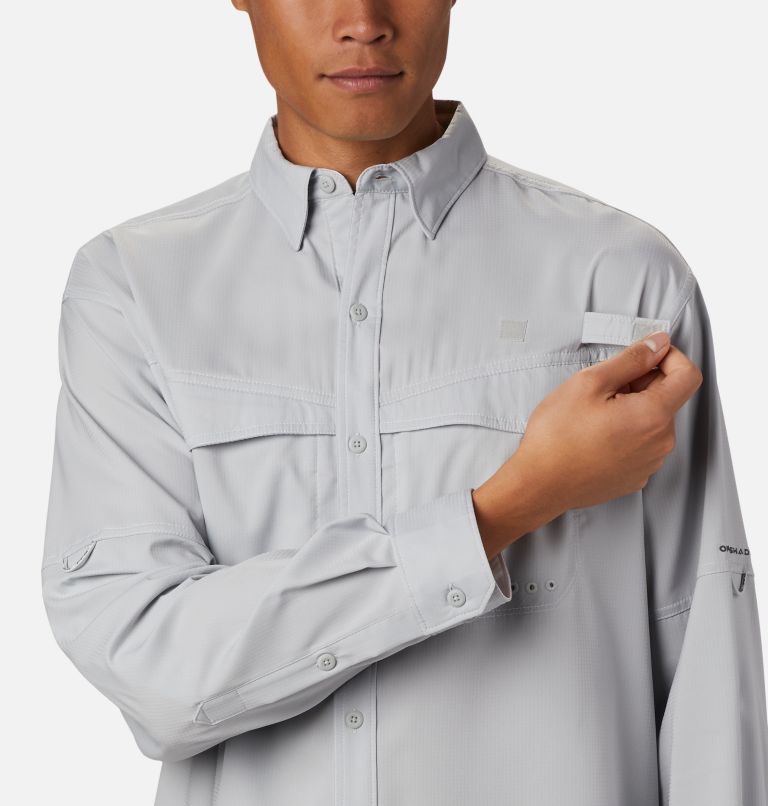 Men’s PFG Low Drag Offshore Long Sleeve Shirt, Color: Cool Grey, White, image 5