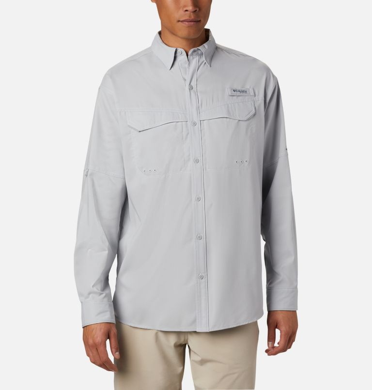 Men’s PFG Low Drag Offshore Long Sleeve Shirt, Color: Cool Grey, White, image 1