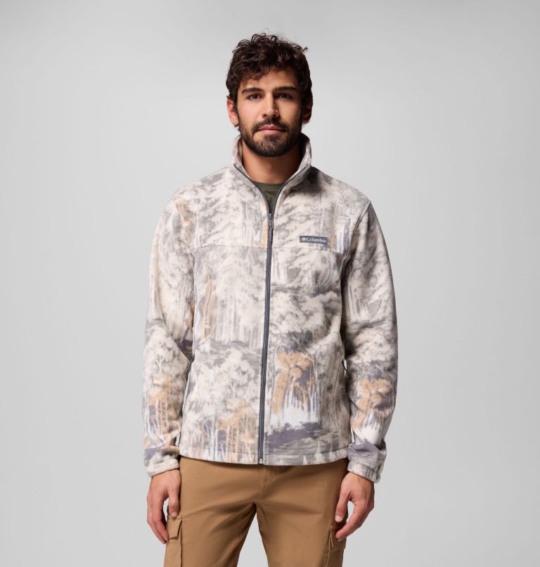 Men’s Steens Mountain Printed Fleece Jacket, Color: City Grey Deschutestrees, image 1