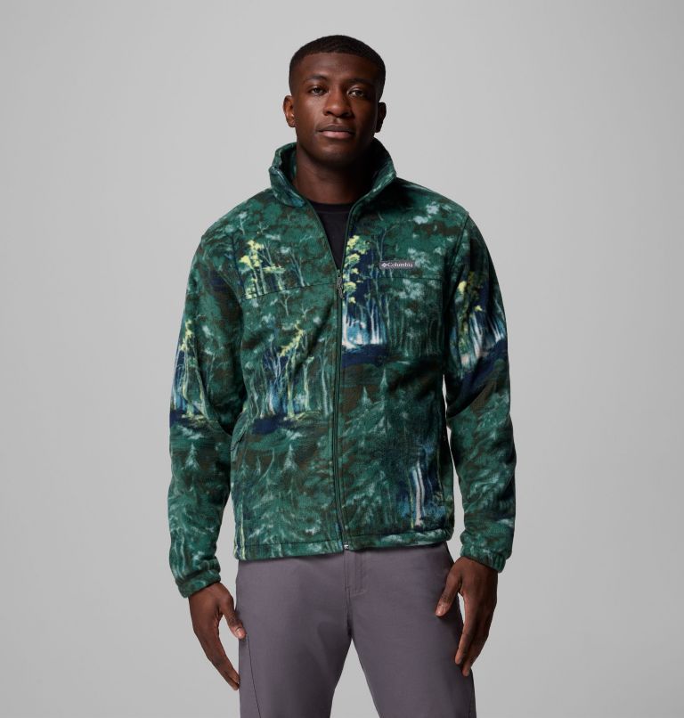 Men’s Steens Mountain Printed Fleece Jacket, Color: Rain Forest Deschutestrees, image 1