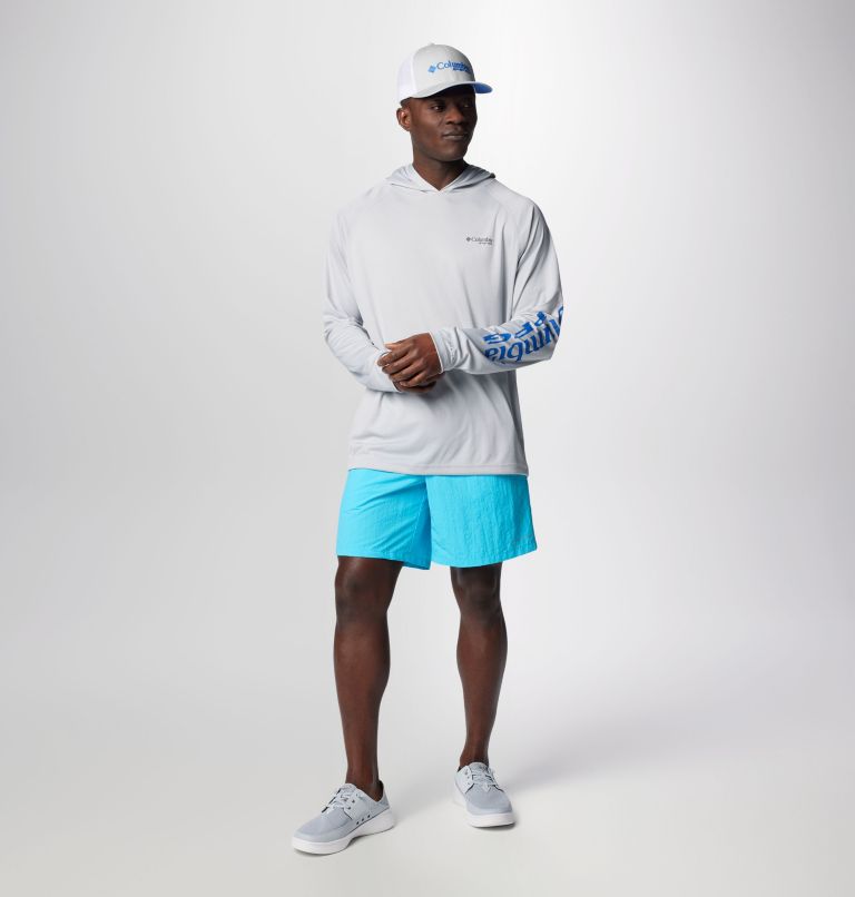 Men's PFG Terminal Tackle Hoodie, Color: Cool Grey, Vivid Blue Logo, image 3