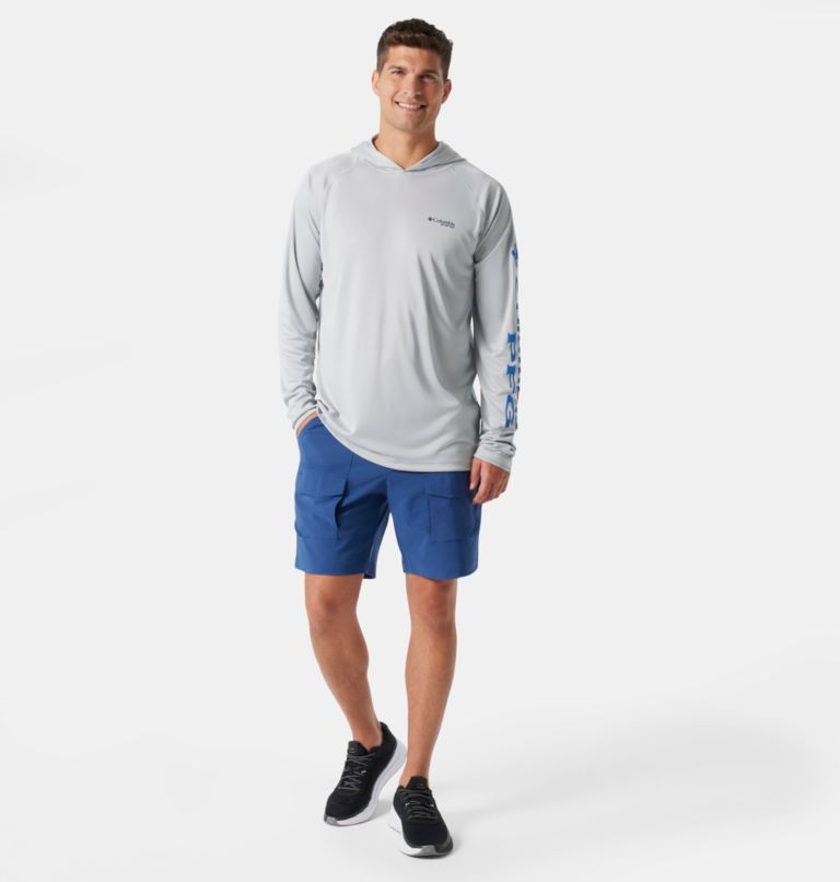Men's PFG Terminal Tackle Hoodie, Color: Cool Grey, Vivid Blue Logo, image 7