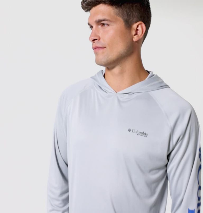 Men's PFG Terminal Tackle Hoodie, Color: Cool Grey, Vivid Blue Logo