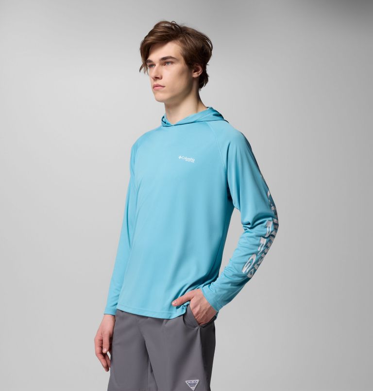 Men's PFG Terminal Tackle Hoodie, Color: Vintage Blue, White Logo, image 4