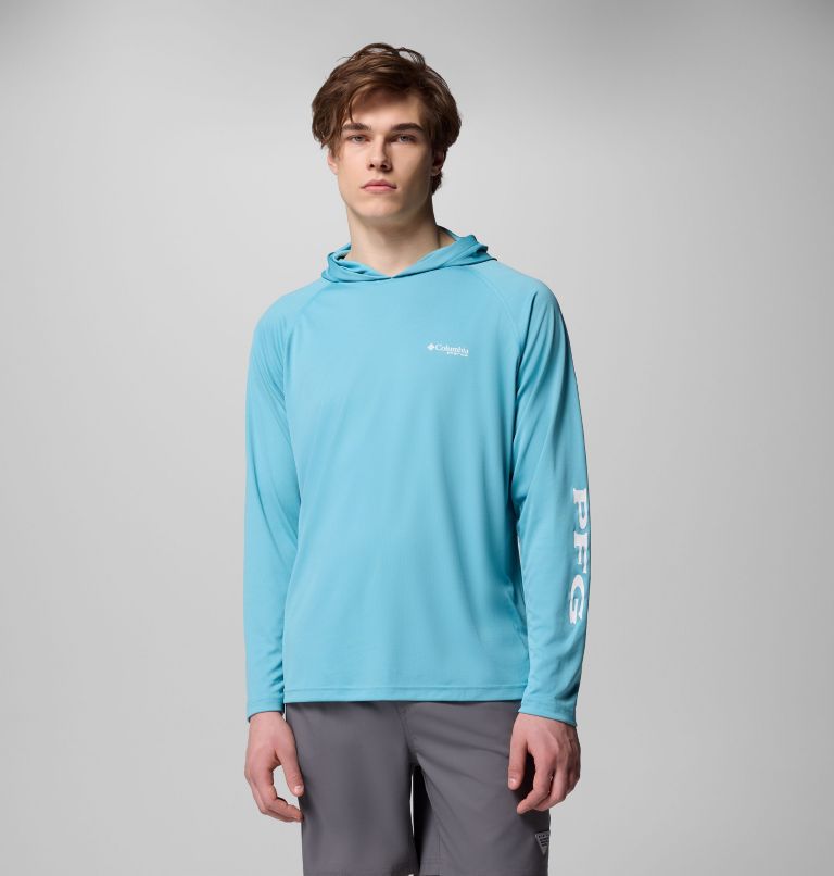 Men's PFG Terminal Tackle Hoodie, Color: Vintage Blue, White Logo, image 1