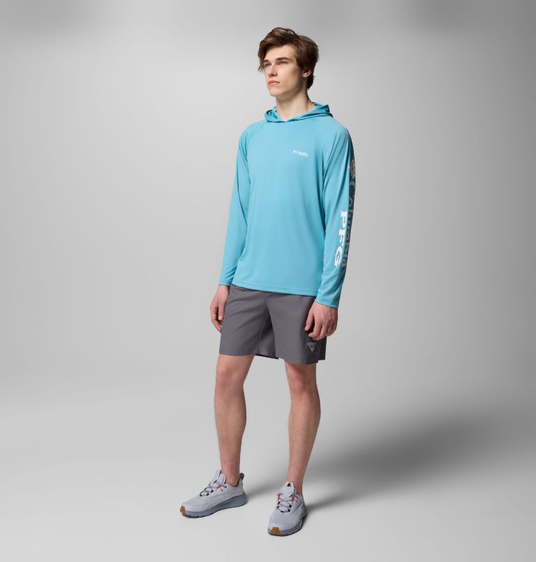 Men's PFG Terminal Tackle Hoodie, Color: Vintage Blue, White Logo, image 10