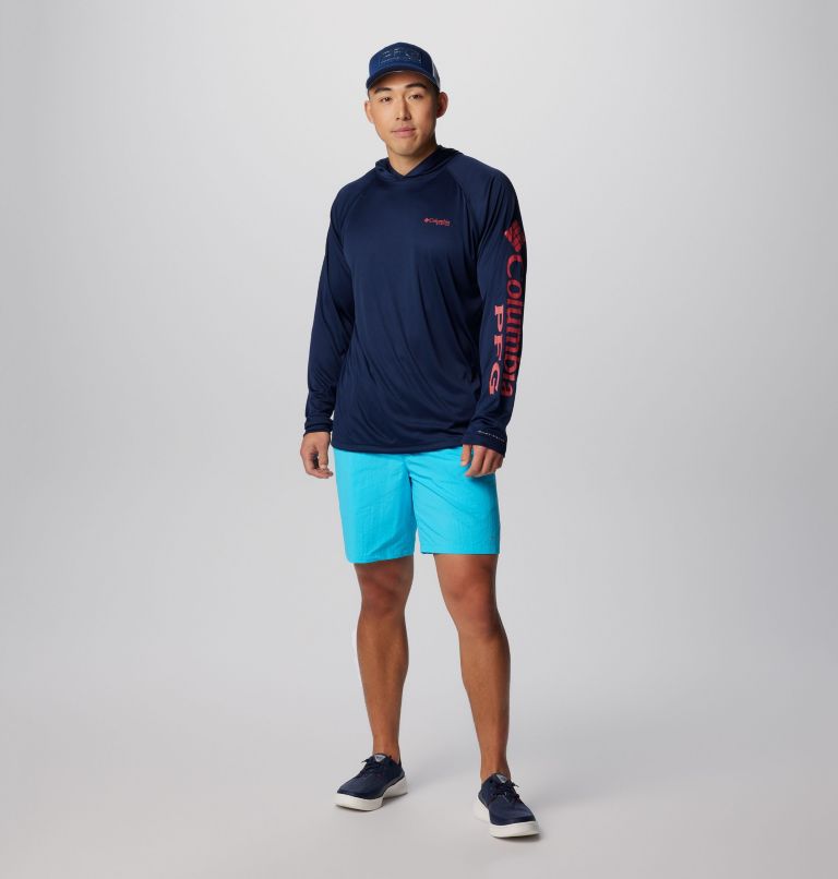 Men's PFG Terminal Tackle Hoodie, Color: Coll Navy, Sunset Red Logo, image 3