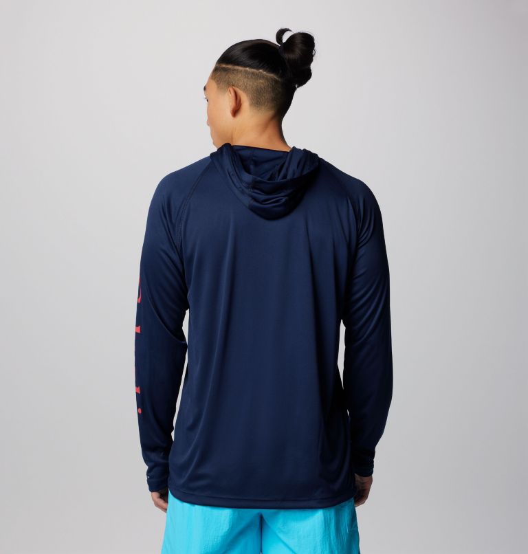 Men's PFG Terminal Tackle Hoodie, Color: Coll Navy, Sunset Red Logo, image 2