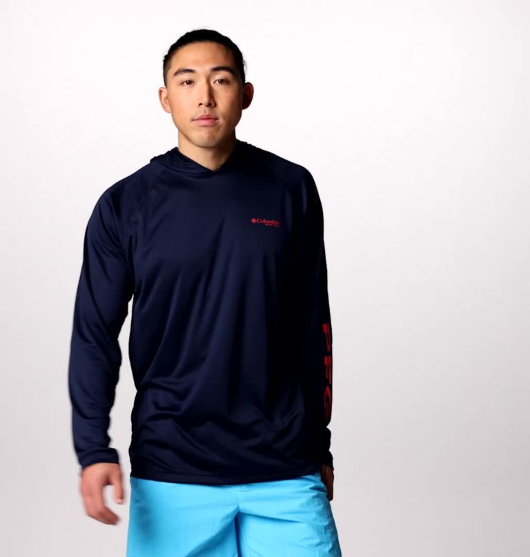 Men's PFG Terminal Tackle Hoodie, Color: Coll Navy, Sunset Red Logo
