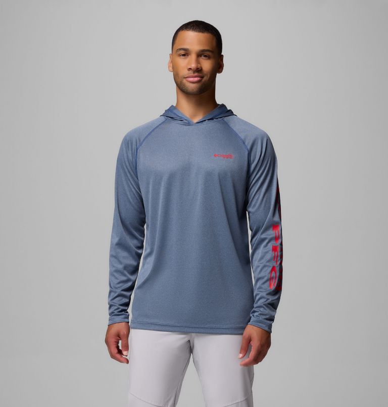 Men's PFG Terminal Tackle Hoodie, Color: Carbon Heather, Red Spark Logo, image 1